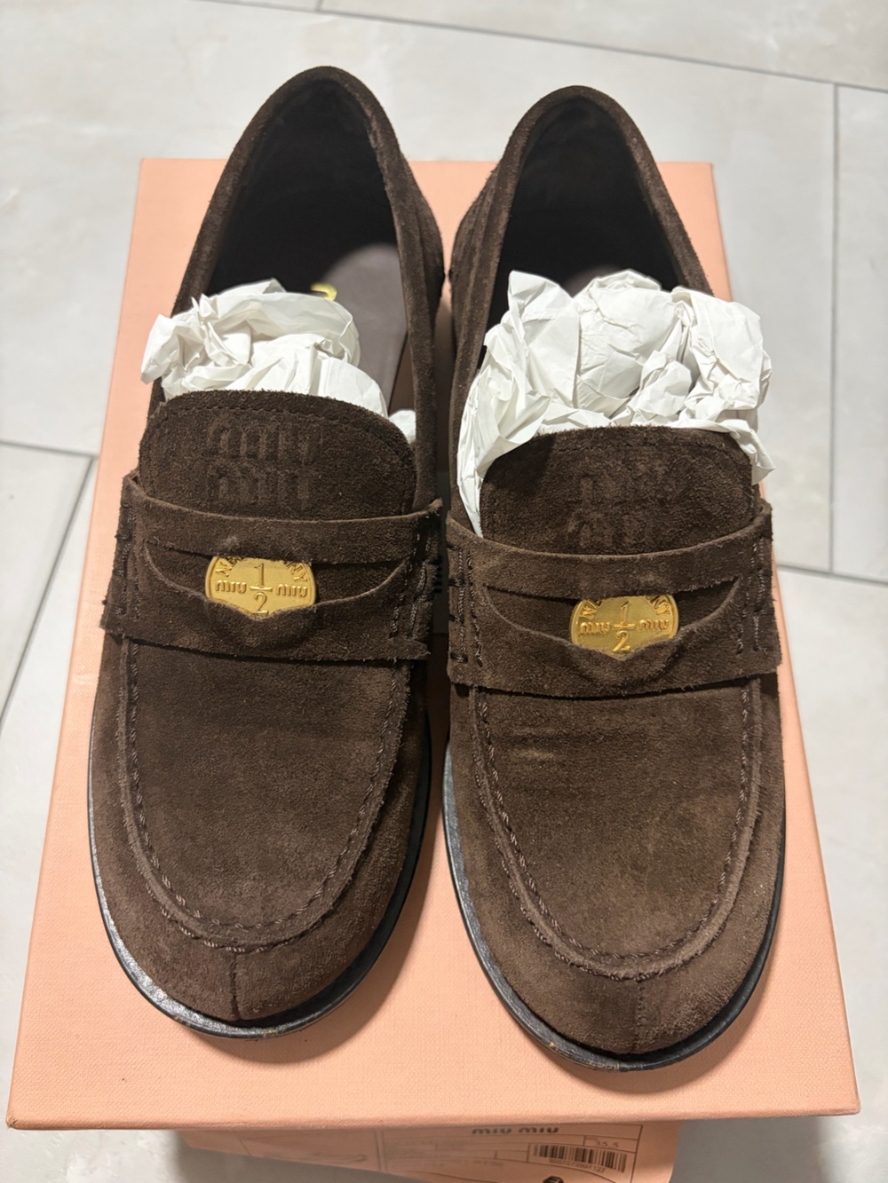 Miu Miu Brown Suede Penny Loafers with Gold-Tone Plaque